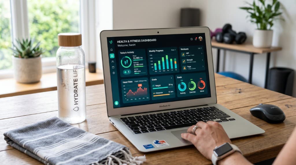 Laptop displaying a unified health and fitness performance dashboard with daily activity, weekly progress, heart rate, and goals