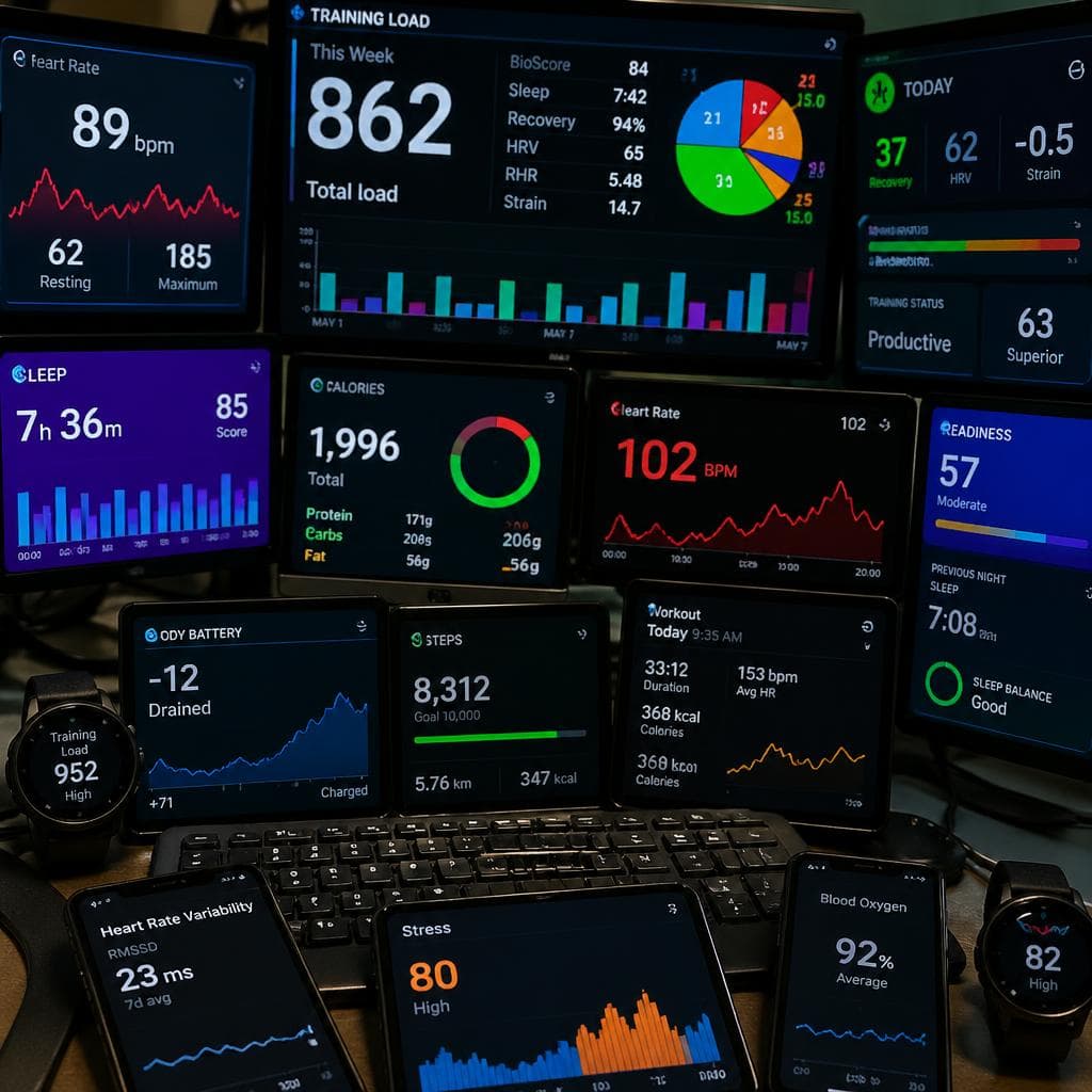 Multiple athlete-performance dashboards showing fragmented and conflicting health metrics